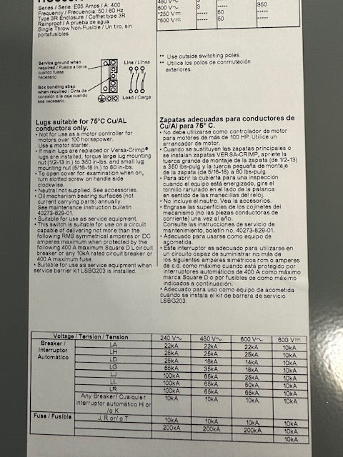 HU365R - Square D - Disconnect and Safety Switches 400 Amp - 3 Pole - 600 Volt