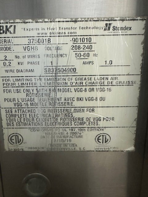 BKI VGG8 STAND ROTISSERIE OVEN WITH VGH8 208 - 240v 1ph VENTLESS EXHAUST SYSTEM - Second Life - Equipment - collection_name