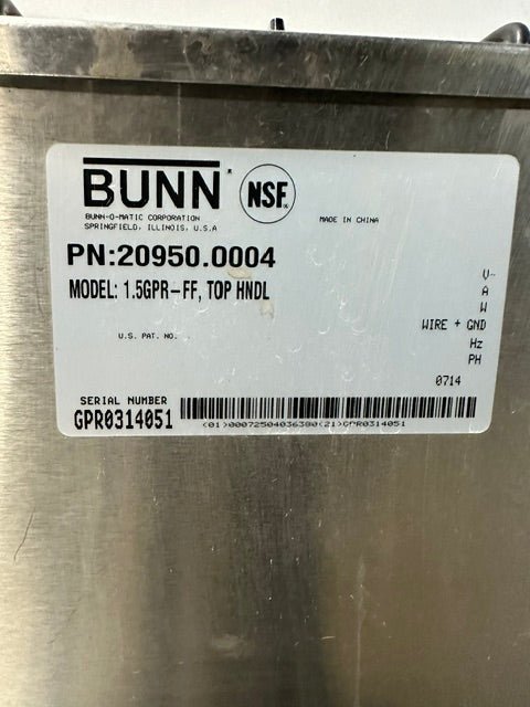 "Bunn 1.5GPR - FF, TOP HNDL"1.5 gallons Single COFFEE POT Carafe Warmer, 120V 1PH - Second Life - Equipment - collection_name