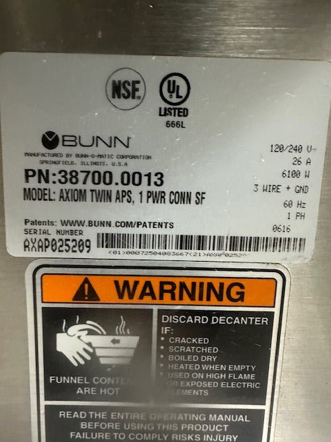 "BUNN AXIOM TWIN APS"COMMERCIAL COUNTER TOP COFFEE BREWER MACHINE, 1PH, 120/240V - Second Life - Equipment - collection_name