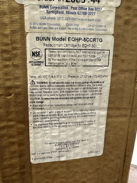 "BUNN EQHP - 2CCRTG" Easy Clear Commercial Water Filter Cartridge, New in Box - Second Life - Equipment - collection_name