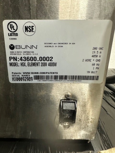 "BUNN H5X" H.D S.S ELEMENT 208V 4000W 5 GAL HOT WATER DISPENSER - Second Life - Equipment - #collection_name#