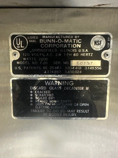 "BUNN - O - MATIC F - 20"&nbsp; 120V 1PH DIRECT LINE COFFEE BREWER WITH 3 WARMERS - Second Life - Equipment - collection_name