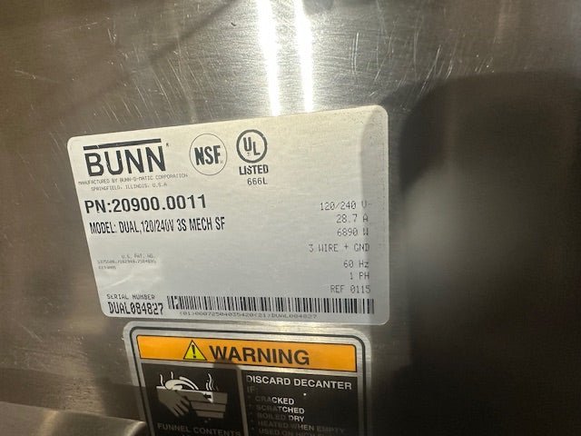 BUNN STAINLESS STEEL HEAVY DUTY COMMERCIAL COUNTER TOP DUAL COFFEE GRINDER/BREWER WITH WARMERS AND HOT WATER SPIGOT ON LEGS - Second Life - Equipment - collection_name