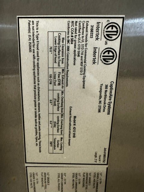 CAPTIVEAIRE SYSTEM 4212 VHB S.S TYPE II 42"W CONDENSATE EXHAUST HOOD, (OPEN BOX) - Second Life-Equipment-collection_name