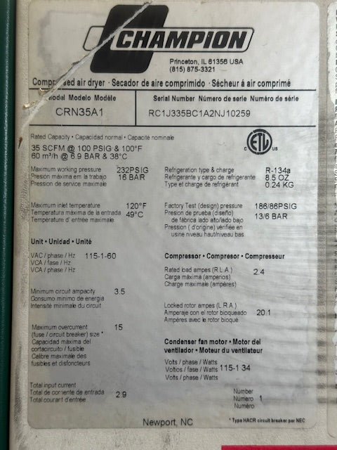 CHAMPION CRN35A1 COMMERCIAL 115v 1ph COMPRESSED AIR DRYER - Second Life - Equipment - collection_name