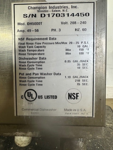 "CHAMPION MODEL DH500T"COMMERCIAL HIGH TEMP VENTLESS DISHWASHER - 280/240V,3PH - Second Life - Equipment - collection_name