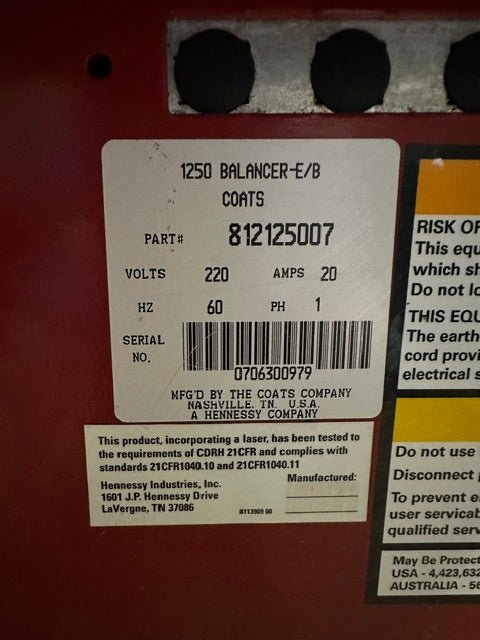 "COATS 1250" DIRECT- DRIVE TIRE BALANCING MACHINE, HIGH VOLUME SOLUTION 220V 1PH - Second Life-Equipment-#collection_name#