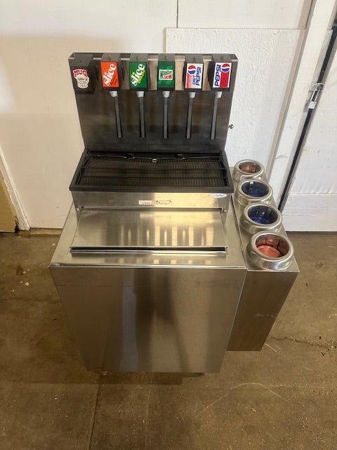 CORNELIUS CB2323AK6 6 FLAVORS SODA /POP MACHINE W/ DROP - IN ICE BIN & CUP HOLDER - Second Life - Equipment - collection_name