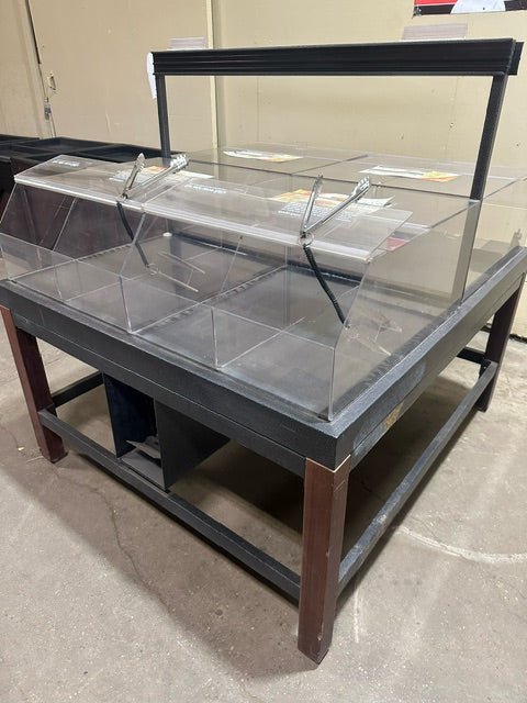 CUSTOM BUILT DOUBLE SIDED TOP 8 ACRYLIC DISPLAY BIN BAKERY, CANDY, NUTS, BAGEL DISPLAY ON STEEL FRAME WOODEN LEGS - Bargains R Ours - #collection_name#