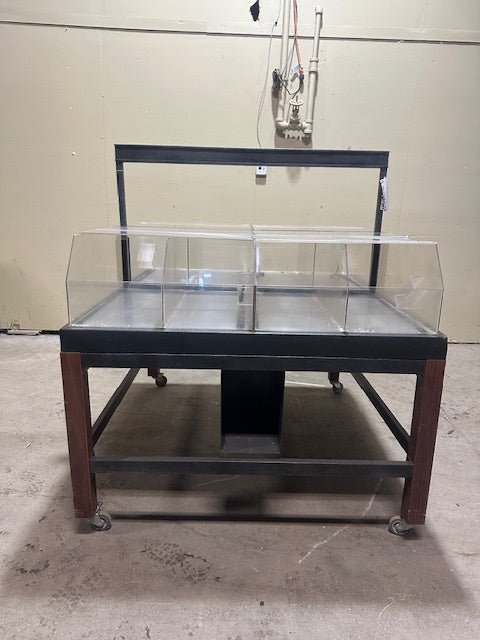 CUSTOM BUILT STEEL FRAMED DOUBLE SIDED ACRYLIC DISPLAY CART MERCHANDISER SELF SERVICE ON CASTERS - Bargains R Ours - #collection_name#