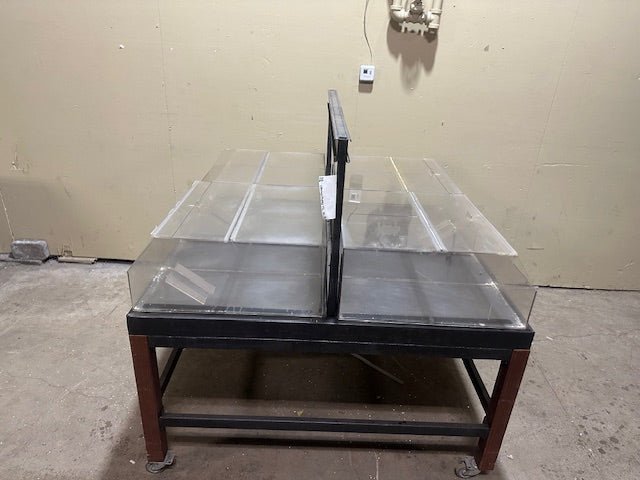 CUSTOM BUILT STEEL FRAMED DOUBLE SIDED ACRYLIC DISPLAY CART MERCHANDISER SELF SERVICE ON CASTERS - Bargains R Ours - #collection_name#