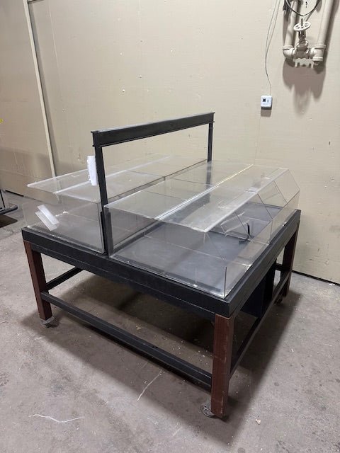 CUSTOM BUILT STEEL FRAMED DOUBLE SIDED ACRYLIC DISPLAY CART MERCHANDISER SELF SERVICE ON CASTERS - Bargains R Ours - #collection_name#