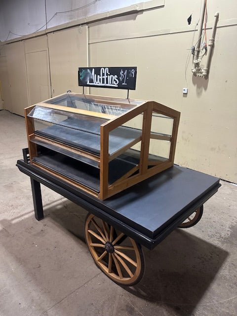 CUSTUM BUILT LIGHTED BAKERY WAGON WOODEN/GLASS HIGH END FINISHED DOUBLE SIDED 4 SHELF SELF SERVICE DISPLAY MERCHANDISER - Bargains R Ours - #collection_name#