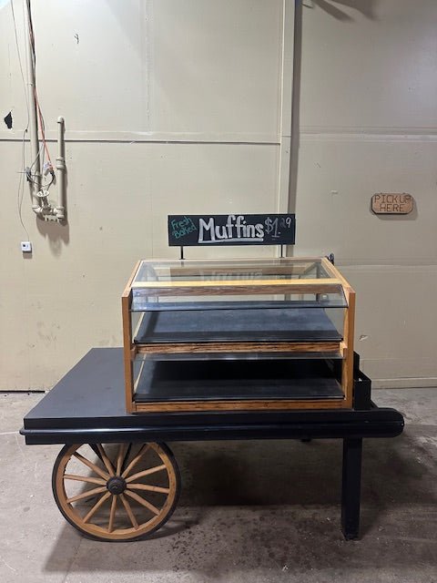 CUSTUM BUILT LIGHTED BAKERY WAGON WOODEN/GLASS HIGH END FINISHED DOUBLE SIDED 4 SHELF SELF SERVICE DISPLAY MERCHANDISER - Bargains R Ours - #collection_name#