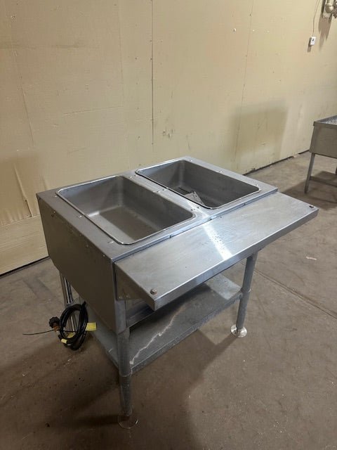 EAGLE GROUP 2 WELL STATIONARY GAS/PROPANE HOT FOOD TABLE WITH GALVANIZED SHELF AND ADJUSTABLE LEGS - Bargains R Ours - #collection_name#