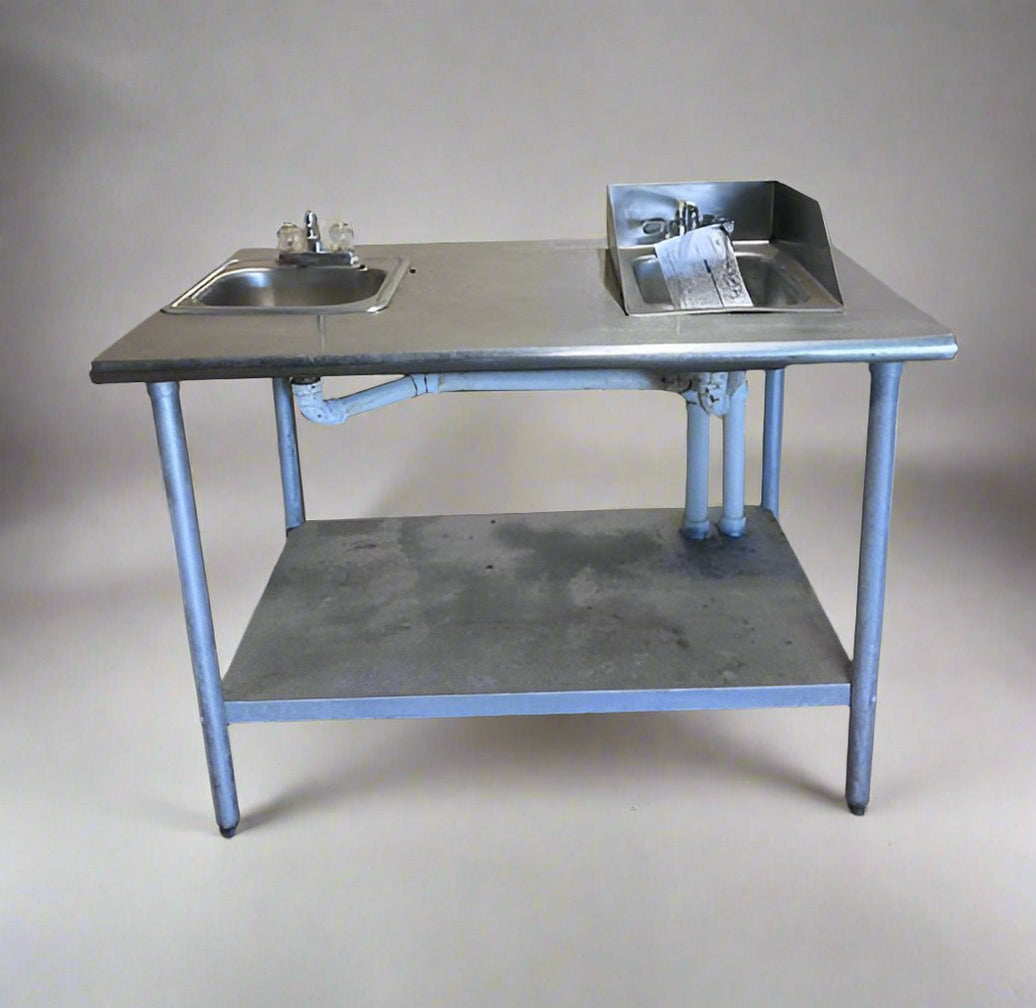 EAGLE GROUP STAINLESS STEEL PREP TABLE WITH 2 SINKS AND SHELF HOT/COLD ...