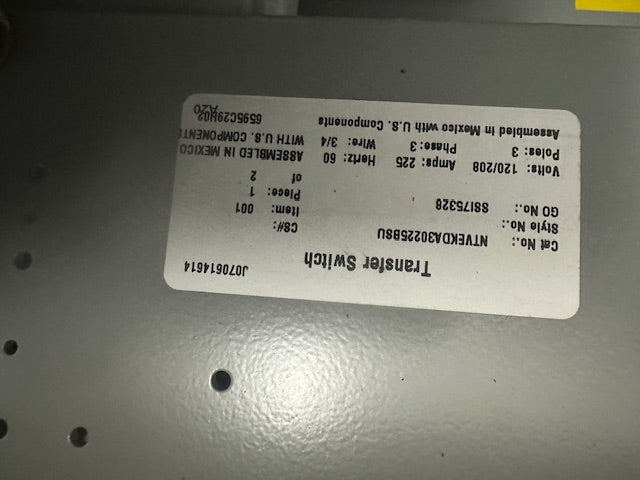 EATON 225AMP NTVEKDA30225BSU CUTLER - HAMMER TRANSFER SWITCH 120/208V, 3PH,3 POLES - Second Life - Equipment - collection_name