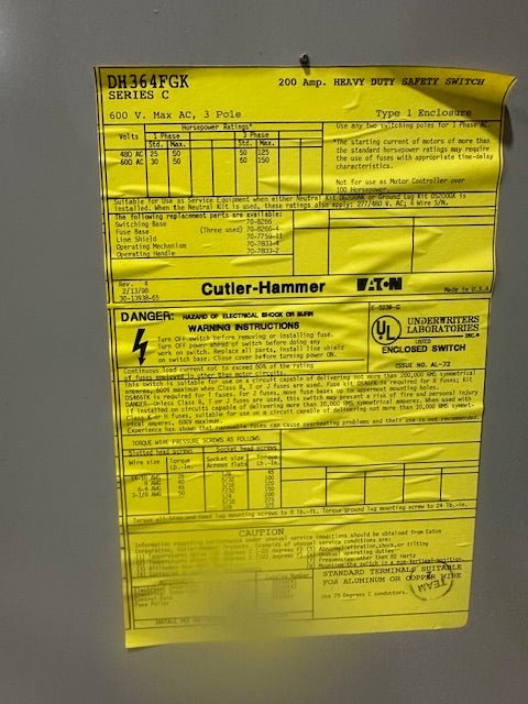 EATON DH364FGK 200 AMP H.D. 3 POLE SERIES C SAFETY SWITCH IN A TYPE 1 ENCLOSURE - Second Life - Equipment - collection_name
