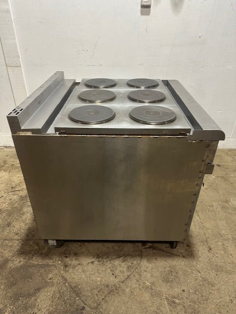 "HOBART CR43" 6 BURNERS DUAL PHASE ELECTRIC STOVE/RANGE W/OVEN AND 2 DRIP TRAYS ON CASTERS - Second Life - Equipment - collection_name