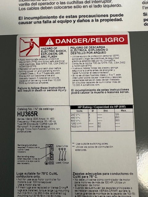 HU365R - Square D - Disconnect and Safety Switches 400 Amp - 3 Pole - 600 Volt - Second Life - Equipment - collection_name