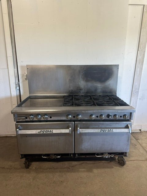 IMPERIAL COMMERCIAL NATURAL GAS 6 BURNER 24" GRIDDLE WITH DOUBLE OVEN ON CASTERS - Second Life - Equipment - collection_name