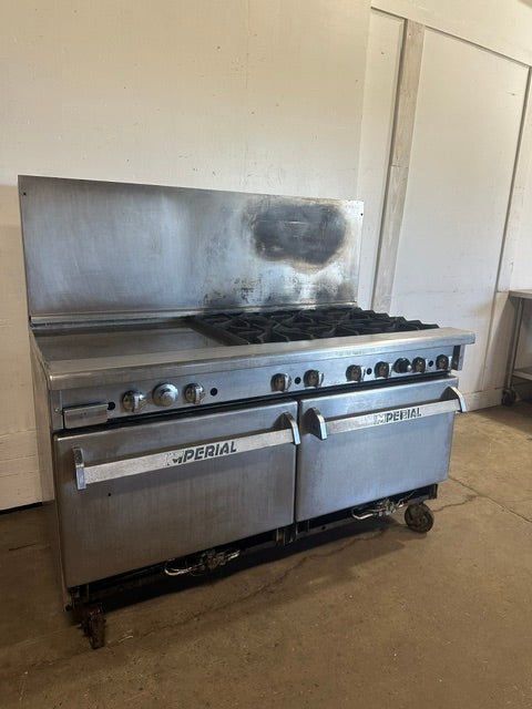 IMPERIAL COMMERCIAL NATURAL GAS 6 BURNER 24" GRIDDLE WITH DOUBLE OVEN ON CASTERS - Second Life - Equipment - collection_name