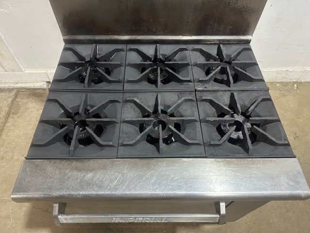 "IMPERIAL" NATURAL GAS HEAVY DUTY COMMERCIAL 6 BURNER STOVE WITH OVEN ON CASTERS - Second Life - Equipment - collection_name