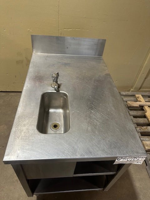 INTERNATIONAL DAIRY QUEEN INC. STAINLESS STEEL SERVICING TABLE STATION AND WASH SINK BOWL WITH FAUCET, BACK SPLASH AND UNDER STORAGE COMPARTMENT - Bargains R Ours - #collection_name#