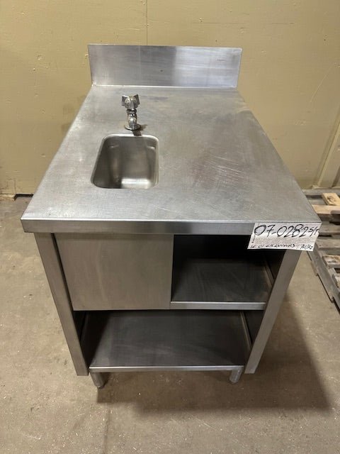 INTERNATIONAL DAIRY QUEEN INC. STAINLESS STEEL SERVICING TABLE STATION AND WASH SINK BOWL WITH FAUCET, BACK SPLASH AND UNDER STORAGE COMPARTMENT - Bargains R Ours - #collection_name#