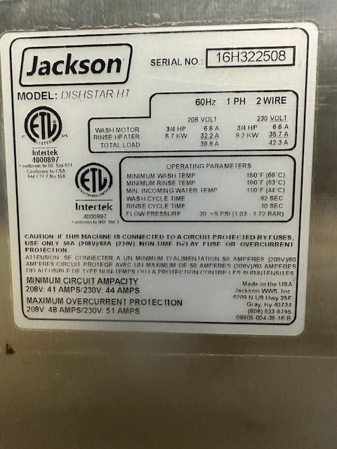 "JACKSON DISHSTAR HT" HIGH TEMP UNDERCOUNTER DISHWASHER WITH 2 RACKS, 1PH - Second Life - Equipment - collection_name