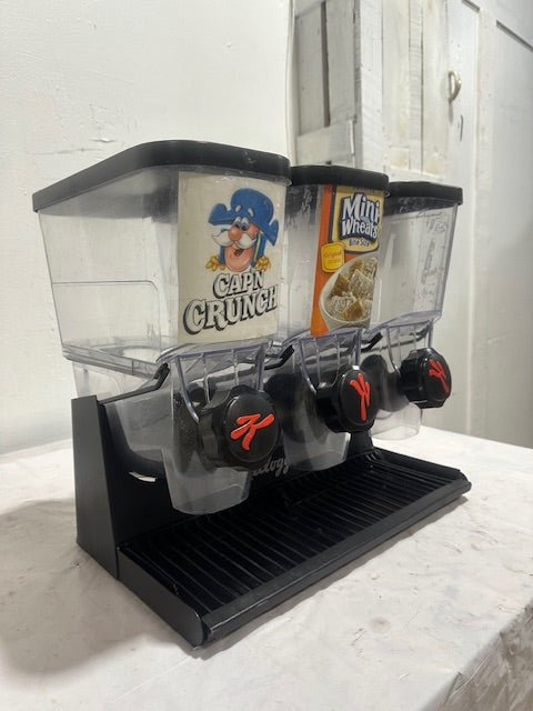 "KELLOG'S" COUNTER TOP TRIPLE CEREAL DISPENSER 17 1/4"H x 18 1/4"W x 13 1/4"D - Second Life - Equipment - collection_name