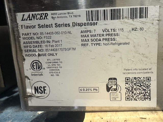 "LANCER FS22" SELECT FLAVOR SODA ICE BEVERAGE DISPENSER MACHINE 115V 1 PH - Second Life - Equipment - collection_name