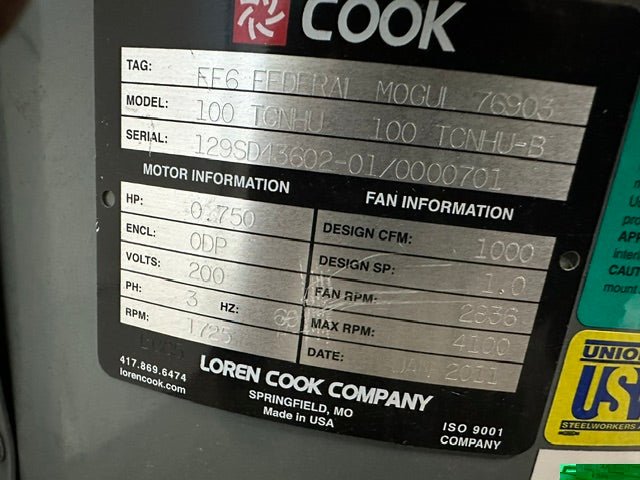 "LOREN COOK 100 TCNHU-B" HD CENTRIFUGAL BOOSTER BLOWER FAN, 1PH, 0.75HP,200V - Second Life-Equipment-#collection_name#