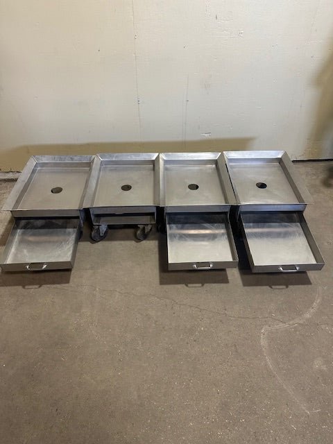 ***LOT OF 4*** STAINLESS STEEL GREASE CATCHER PANS ON DOLLY WITH SLIDE OUT PLATFORM DRAWER PANS ON 5" CASTERS - Bargains R Ours - #collection_name#