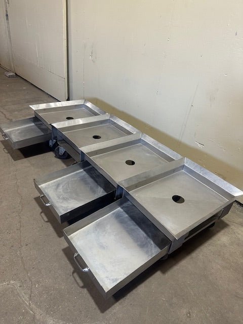 ***LOT OF 4*** STAINLESS STEEL GREASE CATCHER PANS ON DOLLY WITH SLIDE OUT PLATFORM DRAWER PANS ON 5" CASTERS - Bargains R Ours - #collection_name#