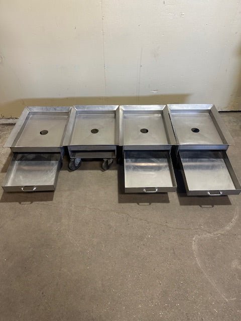 ***LOT OF 4*** STAINLESS STEEL GREASE CATCHER PANS ON DOLLY WITH SLIDE OUT PLATFORM DRAWER PANS ON 5" CASTERS - Bargains R Ours - #collection_name#