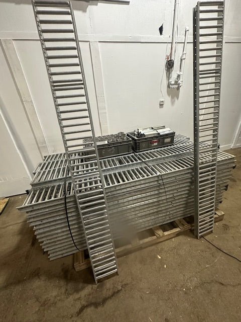LOT OF 61*UNEX SPAN TRACK 9.5"x89"GRAVITY ROLLER FLOW RACK CONVEYOR W/63 ADAPTERS - Second Life - Equipment - collection_name