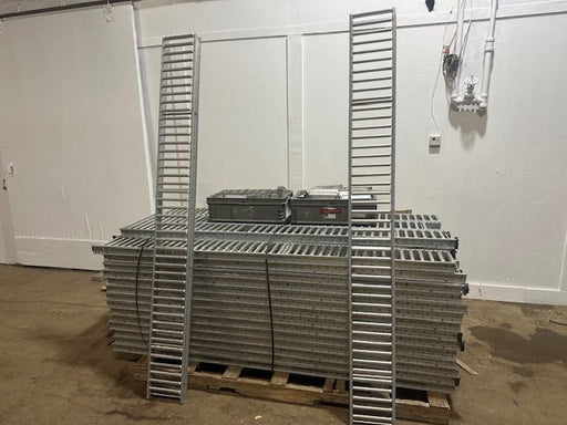 LOT OF 61*UNEX SPAN TRACK 9.5"x89"GRAVITY ROLLER FLOW RACK CONVEYOR W/63 ADAPTERS - Second Life - Equipment - collection_name