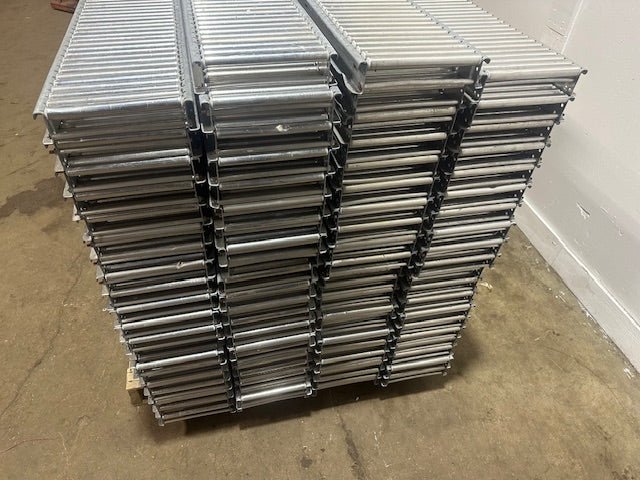 LOT OF 82*UNEX SPAN TRACK 9.5"x90"GRAVITY ROLLER FLOW RACK CONVEYOR W/68 CONNECTION ADAPTERS - Second Life - Equipment - collection_name