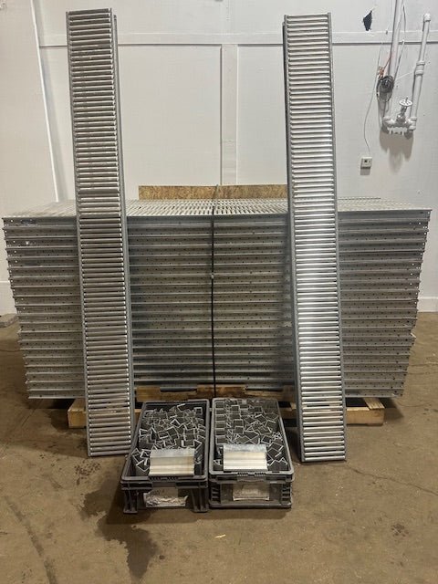 LOT OF 82*UNEX SPAN TRACK 9.5"x90"GRAVITY ROLLER FLOW RACK CONVEYOR W/68 CONNECTION ADAPTERS - Second Life - Equipment - collection_name