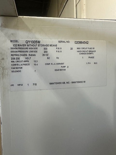 "MANITOWOC QY1005W" COMMERCIAL 208 - 230V 1PH WATER COOLED ICE MACHINE - Second Life - Equipment - collection_name