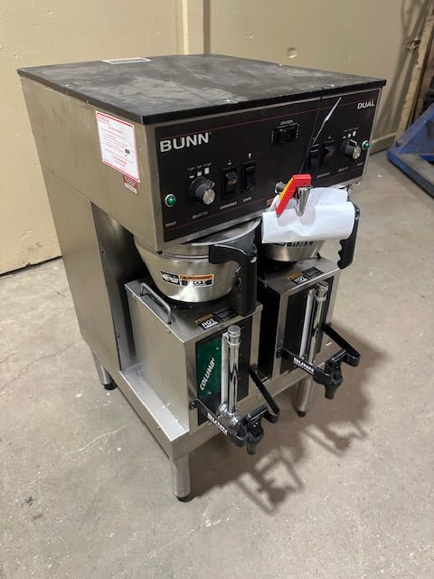 ***MECHANIC SPECIAL*** BUNN STAINLESS STEEL HEAVY DUTY COMMERCIAL COUNTER TOP DUAL COFFEE GRINDER/BREWER WITH WARMERS AND HOT WATER SPIGOT ON LEGS - Bargains R Ours - #collection_name#