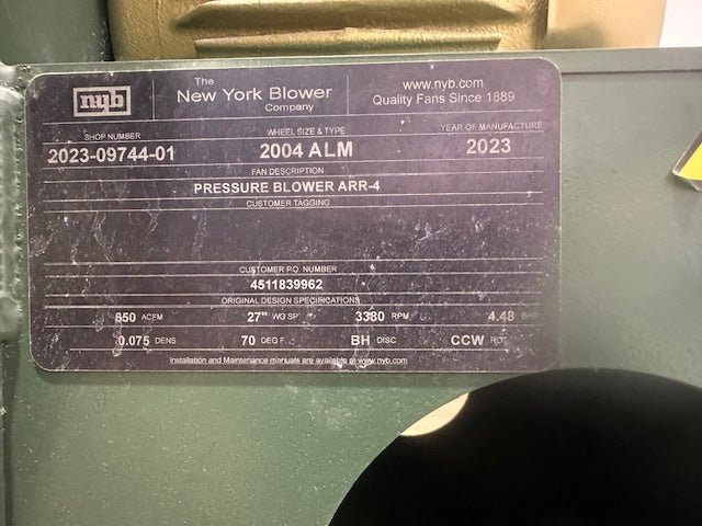NEW YORK BLOWER ARR - 4 CENTRIFUGAL PRESSURE BLOWER FAN,5 HP, 2004 ALM, 2023 MODEL - Second Life - Equipment - collection_name