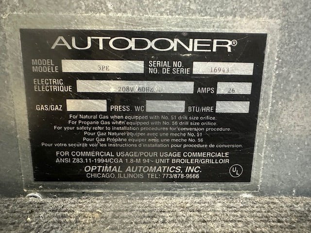OPTIMAL AUTOMATICS AUTODONER 3PE ELECTRIC 208V 1PH VERTICAL BROILER - Second Life - Equipment - collection_name
