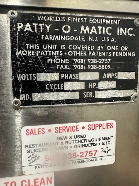 PATTY - O - MATIC 230A COMMERCIAL HEAVY DUTY AUTOMATIC PATTY MOLDING MACHINE - Second Life - Equipment - collection_name