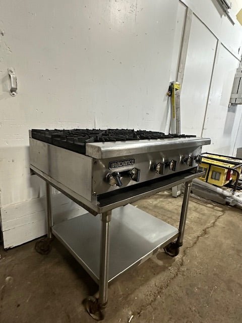 "RADIANCE "N GAS 36"W 6 BURNER HOTPLATE ON ROLLING TABLE STAND,37"H x 30 1/8"D - Second Life - Equipment - collection_name