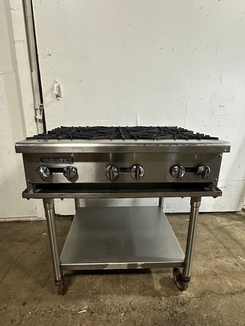 "RADIANCE "N GAS 36"W 6 BURNER HOTPLATE ON ROLLING TABLE STAND,37"H x 30 1/8"D - Second Life - Equipment - collection_name