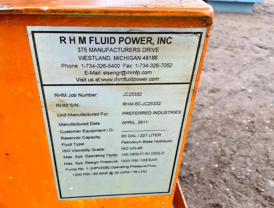 RHM Fluid Power 15hp Hydraulic Power Unit, 60 Gallon Capacity, 1200 PSI at 20 GPM, Pump HPV20B - Second Life - Equipment - collection_name