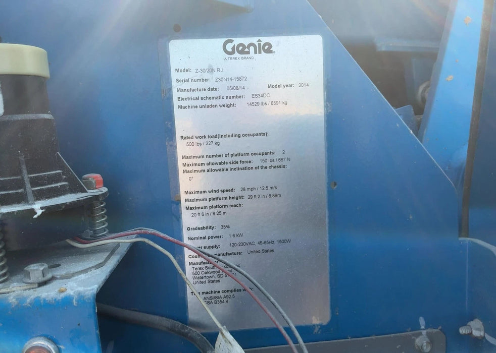 2014 Genie Z-30/20N RJ Electric Articulating Boom Lift 507 hrs, 30' H, will ship